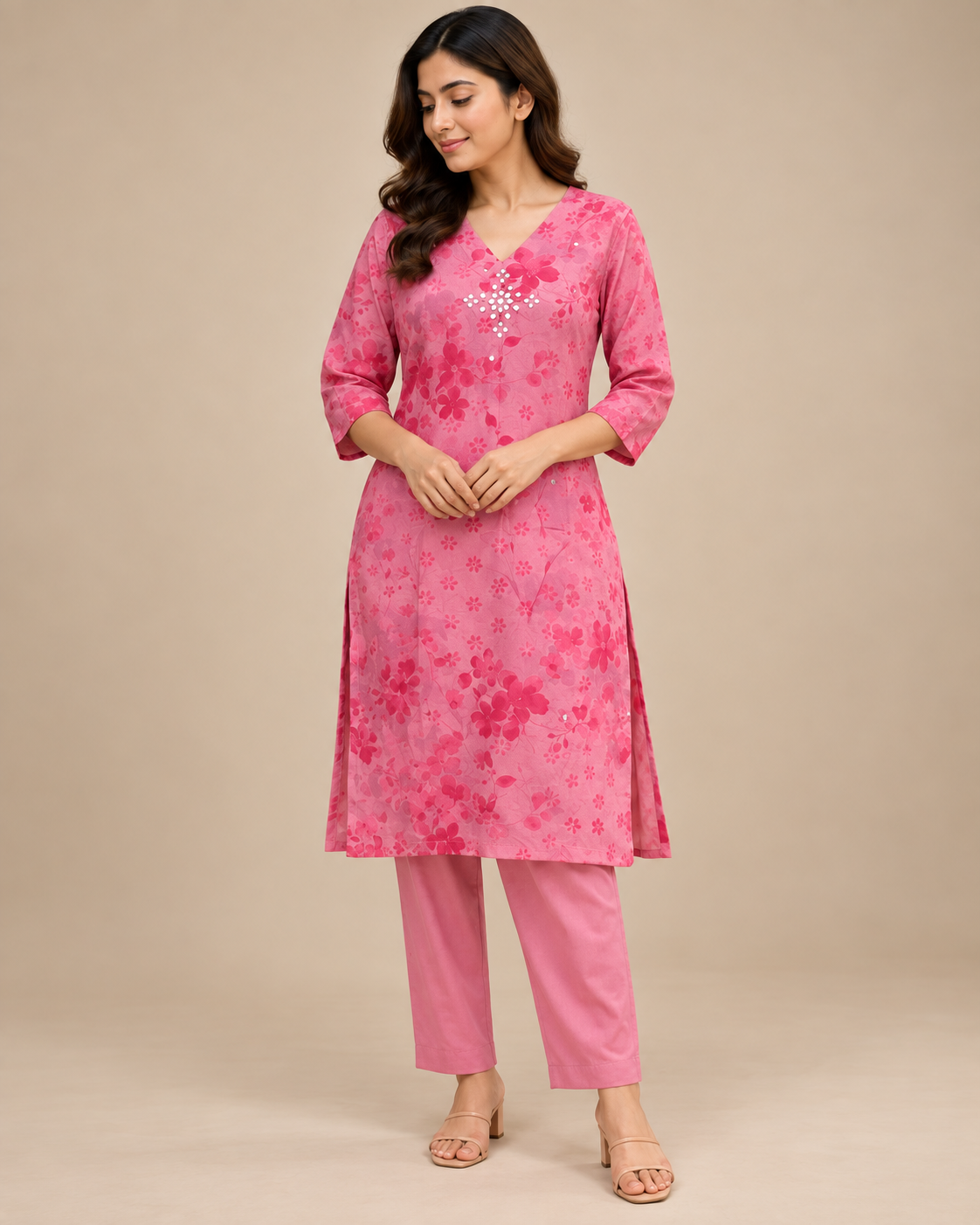 Pink Floral V-Neck Kurta Set with Embellished Detail — view 1