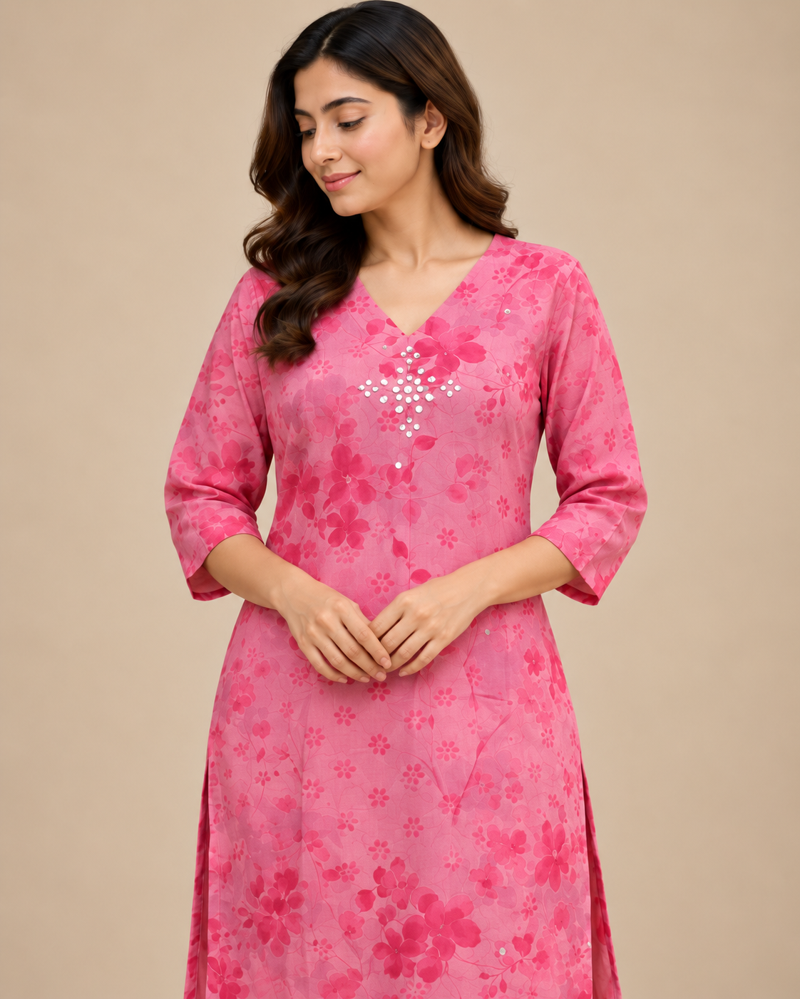 Pink Floral V-Neck Kurta Set with Embellished Detail — view 2